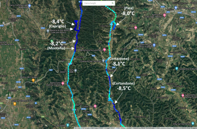 A novembre rilevati -8,5°C tramite MeteoTracker sui fondovalle dell’Astigiano
