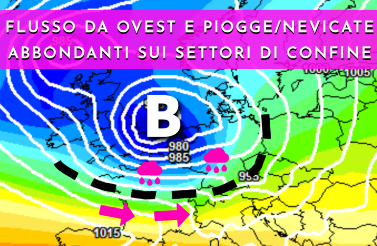 Flusso atlantico da ovest con piogge e nevicate soprattutto sui confini
