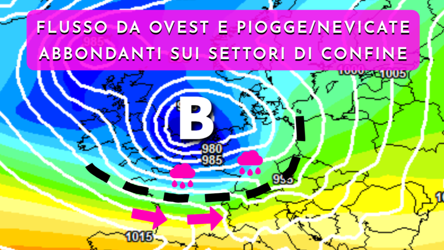 Flusso atlantico da ovest con piogge e nevicate soprattutto sui confini