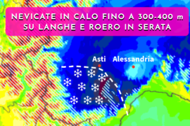 Nuove nevicate dalla serata su Langhe e Roero in calo a 300 m | Previsioni Meteo 24 dicembre 2025